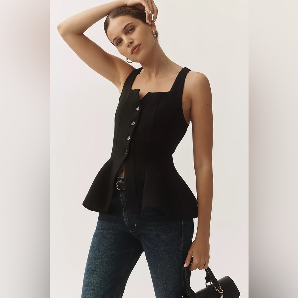 Anthropologie Black Structured Peplum Button Tank Top